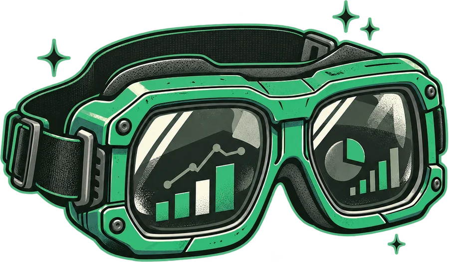 Illustration of green shop safety goggles with small sales charts reflected in the lenses